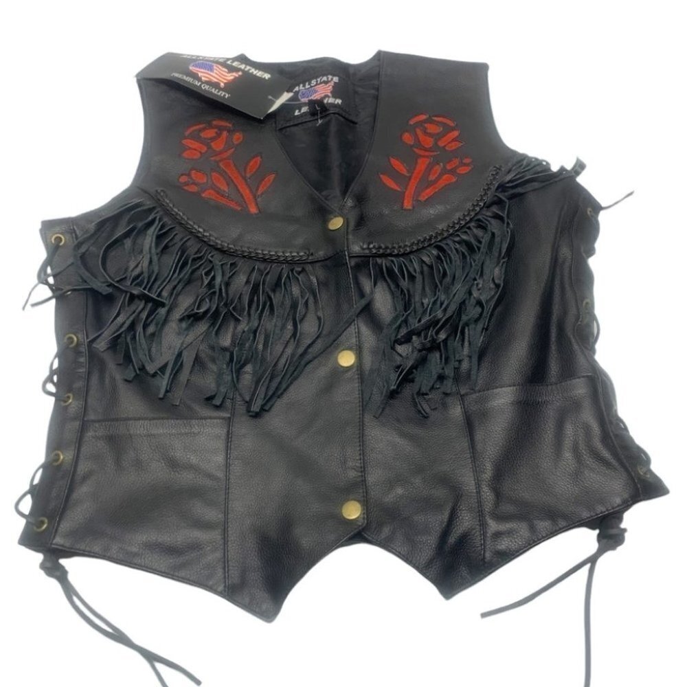 . NWT Leather Rose Motorcycle Jacket Fringe Black